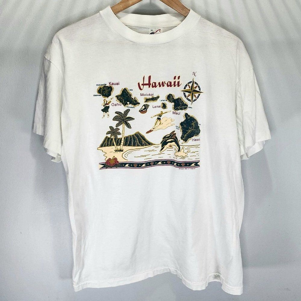 Hawaii Island 80's Vintage Single Stitch Rare Shirt White Surfer Aloha Size XL‎